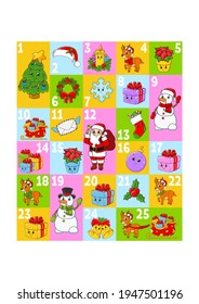 Christmas advent calendar with cute characters. Santa claus, deer, snowman, fir tree, snowflake, gift, bauble, sock. Cartoon style. With numbers 1 to 25. Vector illustration. Holiday preparation.