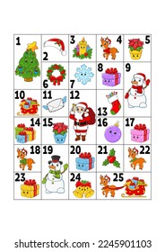 Christmas advent calendar with cute characters. Santa claus, deer, snowman, fir tree, snowflake, gift, bauble, sock. Cartoon style. With numbers 1 to 25. Vector illustration. Holiday preparation.