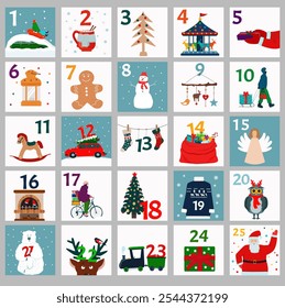 Christmas Advent calendar with cute characters. Countdown calendar. Vector illustration.