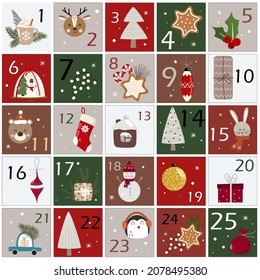 Christmas Advent calendar with cute element. Set of new year cards