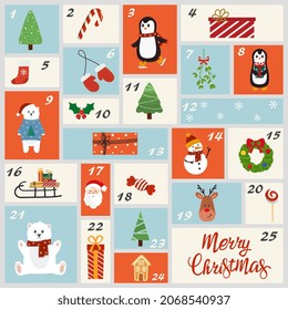 Christmas Advent calendar with cute elements. Christmas funny poster. Countdown calendar. Vector illustration