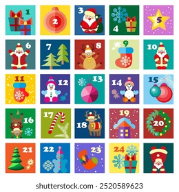 Christmas Advent calendar with cute elements in vibrant colors, cartoon style. Trendy modern vector illustration, hand drawn, flat