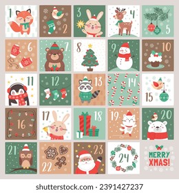 calendario de anticipo de Navidad con personajes graciosos y adorables y elementos decorativos. Afiche de Navidad. Ilustración del vector