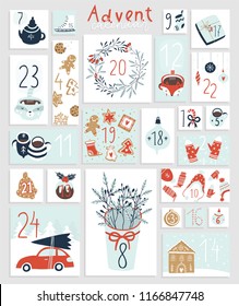 Christmas advent calendar, cute hand drawn style. Set of 24 printable kraft holiday stamps tags badge pins stickers greeting cards templates. Count down till christmas kit. Vector illustrations