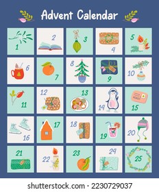 Christmas Advent calendar with cute hand drawn elements. Xmas Poster with holiday symbols. 25 countdown cards. Flat style vector illustration. 