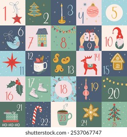 Christmas Advent Calendar with cute hand drawn elements. Xmas poster with holiday symbols. 25 countdown cards. Cozy winter objects in doodle style. Flat design vector illustration.
