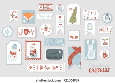 Christmas advent calendar, cute hand drawn style.
Twenty four christmas countdown printable tags collection. Count down till christmas kit. Advent calendar. Vector illustration