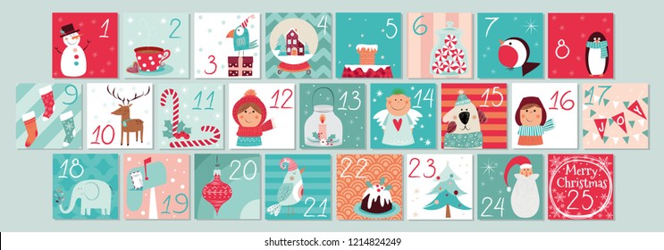Christmas advent calendar with cute holiday season decoration and celebration, vector illustration