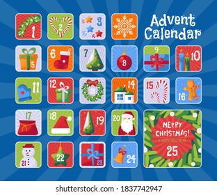 Christmas advent calendar with cute illustrations. Christmas stickers