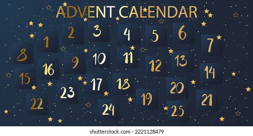 Christmas advent calendar. Cute Christmas ornaments with number of day december. Christmas poster countdown. Flat lay design great for poster, winter postcard, seasonal wallpaper. Vector illustration