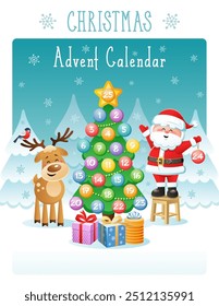 Christmas Advent Calendar with cute Santa Claus, Deer, Bullfinch and Christmas decorations. Vector illustration. Flat design without transparency.