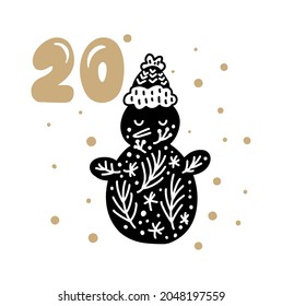 Christmas Advent calendar with cute scandinavian hand drawn vector. Winter Illustration of nordic snowman. Twenty-four days before holiday. Ethno twentieth Day.