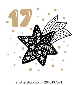 Christmas Advent calendar with cute scandinavian hand drawn vector. Winter Illustration of nordic comet. Twenty-four days before holiday. Ethno seventeenth Day.