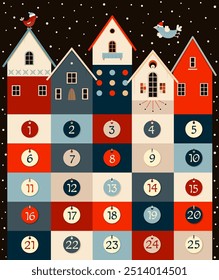 Christmas advent calendar with cute toy wood houses and birds. Cozy cartoon Christmas advent calendar in retro style. Set of winter holiday xmas tags with numbers. Vector illustration EPS8