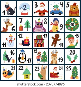 Christmas Advent Calendar with cute winter characters. December countdown poster with tags. Vector illustration