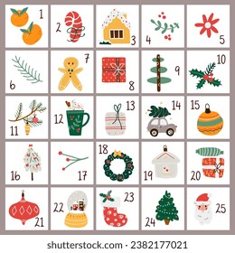 Christmas advent calendar with cute winter elements. Xmas and New Year countdown. December planner with day numbers. Flat cartoon vector illustration