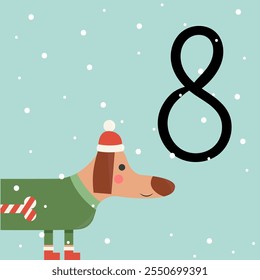 Christmas advent calendar with dachshund in Christmas costume. 8th of december day. Vector flat illustration