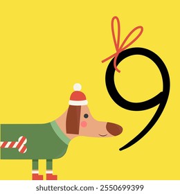 Christmas advent calendar with dachshund in Christmas costume. 9th of december day. Vector flat illustration