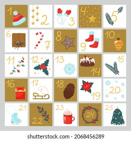 Christmas Advent calendar. Dates from the first to the 25th on postcards with New Year's pictures. Vector festive illustration of the December diary.