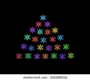 Calendario de anticipo de Navidad con fechas escritas en brillantes copos de nieve multicolores formando forma de triángulo de abeto sobre fondo negro. Antiguo colegio retro 80s, computadora de 90s, videojuegos, gráficos de máquinas tragaperras