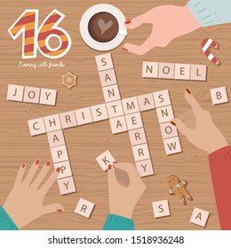 Christmas Advent Calendar, Day 16. Spend evening time with friends, Play the game "Scrabble". Top view process. Lifestyle Vector Illustration.