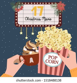 Christmas Advent Calendar, Day 17. Watch a Christmas movie with cocoa and popcorn. Lifestyle Vector Illustration.