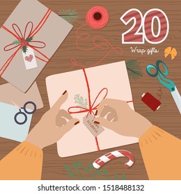 Christmas Advent Calendar, Day 20. Wrap Christmas presents. Top view work process. Lifestyle Vector Illustration.
