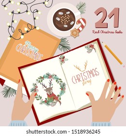 Christmas Advent Calendar, Day 21. Read hristmas books. Top view process. Lifestyle Vector Illustration.