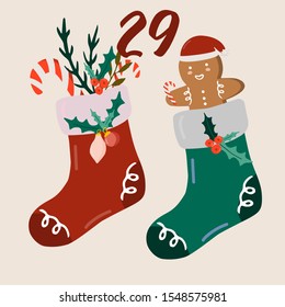 Christmas Advent Calendar, Day 29. Christmas socks with decorations. Vector Illustration.