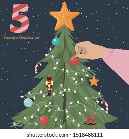 Christmas Advent Calendar, Day 5. Decorate the Christmas tree. Hang toys and garlands. Vector Illustration.