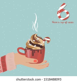 Christmas Advent Calendar, Day 6. Make a christmas drink. Hand holds red cup with cocoa. Vector Illustration.
