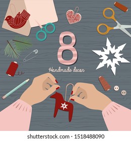Christmas Advent Calendar, Day 8. DIY Christmas decorations and toys. Top view. Vector Illustration.