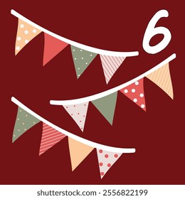 Christmas advent calendar for December 6th, colorful and triangular flags. A greeting card for printing.