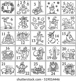 Christmas advent calendar. December colouring book for children`s pastime and educational classes. Black and white template for holiday poster and cards in vector