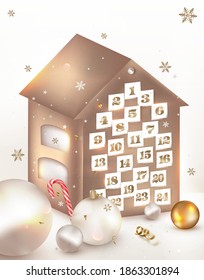 Christmas Advent calendar. Decorative house with paper sheets with number of the day of december. New Year 2022.Scene Mockup. Realistic vector composition.