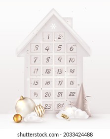 Christmas Advent calendar. Decorative white house with paper sheets with number of the day of december. New Year 2022.Scene Mockup. Realistic vector composition.