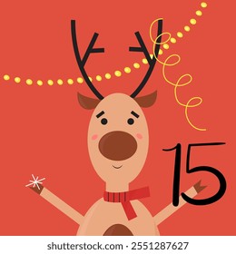 Christmas advent calendar with deer and garlands. 15th of december day. Vector flat illustration