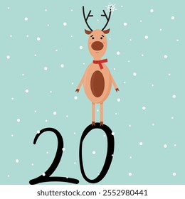 Christmas advent calendar with deer and snowflake. 20th of december day. Vector flat illustration