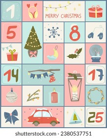 Christmas Advent Calendar. depicts elements of Christmas - garland, gifts, Christmas toys, Christmas wreath and more. vector illustration
