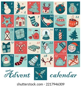 christmas advent calendar design decorated with doodles. Good for for stickers, scrapbooking, stationary, prints, calendars, labels, tags, etc. EPS 10