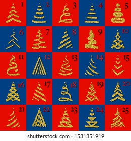 Christmas advent calendar design. Set of creative gold glitter x-mas fir trees with numbers. Vector illustration.