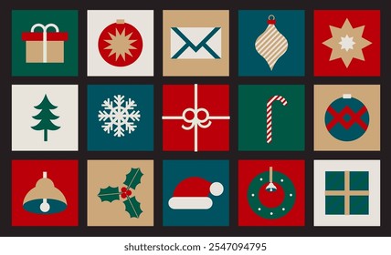 Christmas advent calendar design templates with geometric winter holiday icons vector illustration. Festive xmas symbols minimal simple shapes in bauhaus style, mosaic seasonal banner wallpaper