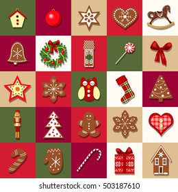 Christmas Advent Calendar with different objects. Christmas-tree decoration. Set of Christmas icons. vector illustration. For postcards, greetings, wrapping, wallpaper, invitation, background