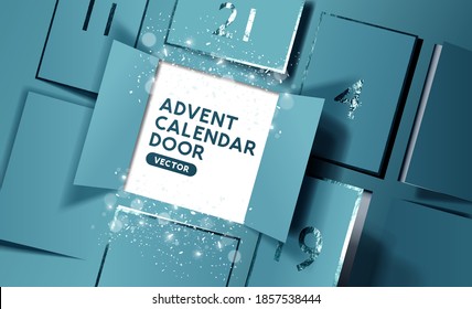 Christmas advent calendar door opening to reveal a message. Realistic vector illustration.