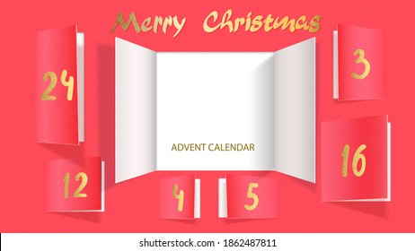 Christmas advent calendar door opening. Realistic an open wide doors on light red background. Template to reveal a message. Merry Christmas poster concept. Festive vector illustration