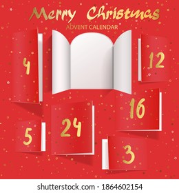 Christmas advent calendar door opening. Realistic an open wide doors with gold lettering on red background. Template to reveal a message. Merry Christmas poster concept. Festive vector illustration