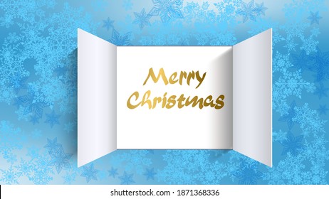 Christmas advent calendar door opening. Realistic an open wide doors on light blue background. Template to reveal a message. Merry Christmas poster concept. Festive vector illustration