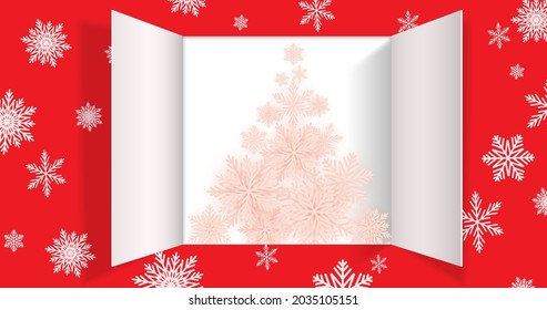  Christmas advent calendar door opening. Realistic an open wide doors on light red background. Template to reveal a message. Merry Christmas poster concept. Festive vector illustration