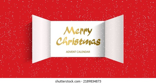 Christmas advent calendar door opening. Realistic open wide doors with snow on red background. Template for displaying a message. Merry Christmas poster concept. Festive vector illustration