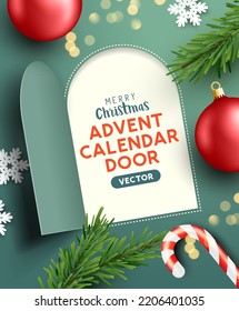 Christmas advent calendar door opening to reveal a festive message. Vector illustration.